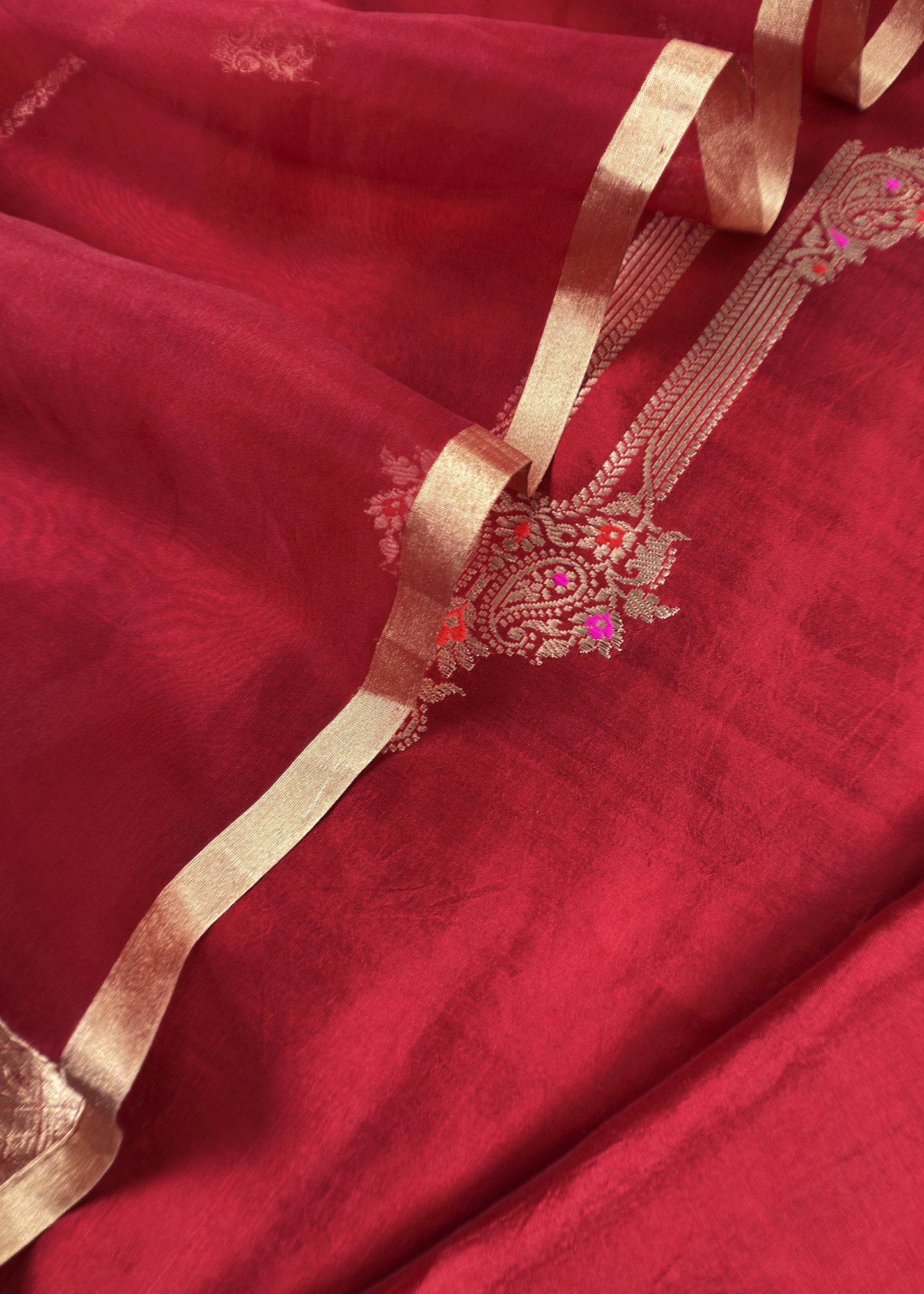 Crimson Red Handloom Silk Kurta and Kora Silk Dupatta with Kadwa weaving