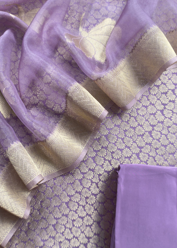 Purple Banarasi Silk Brocade Suit With Organza Dupatta