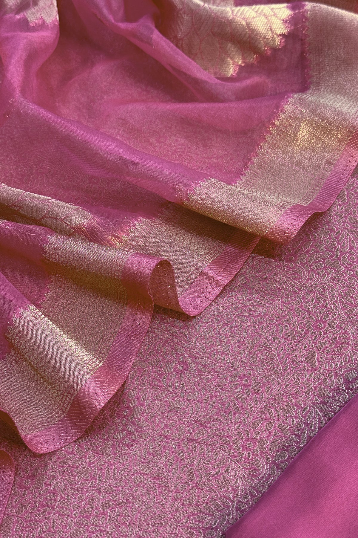 Pink Designer Pure Brocade Silk Kurta And Organza Dupatta
