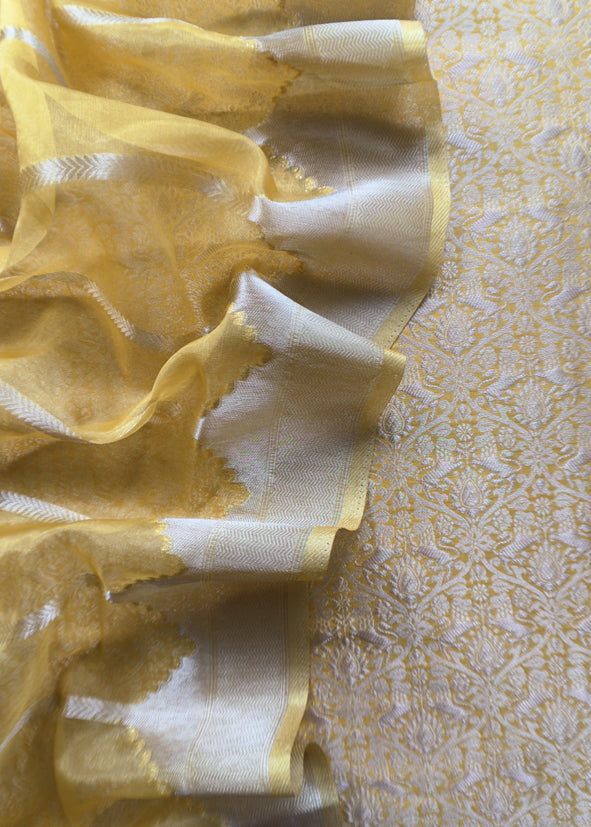 Yellow Brocade Kurta With Organza Dupatta