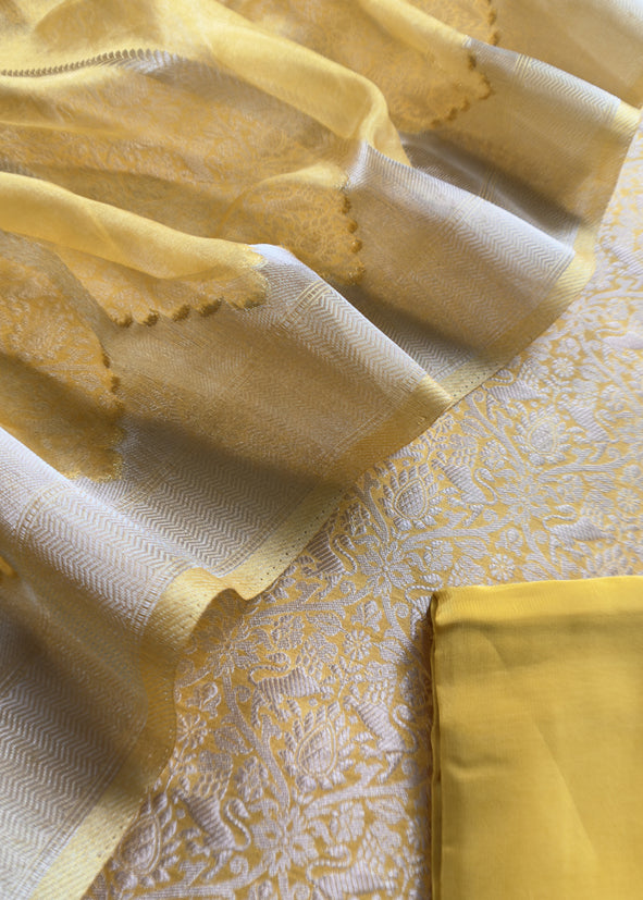 Yellow Brocade Kurta With Organza Dupatta