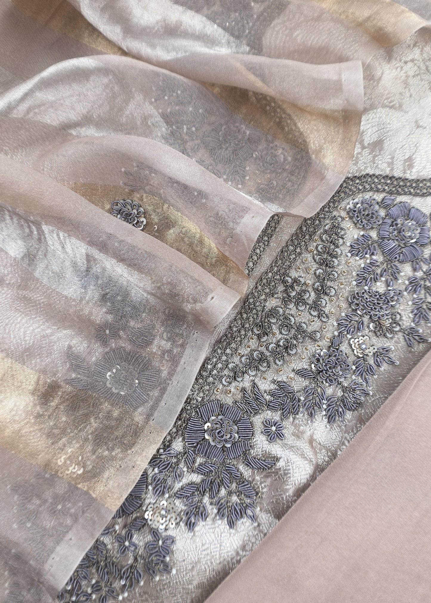 Pastel Pink Varanasi Brocade Silk Kurta And Double Panel Tissue Dupatta With Handwork