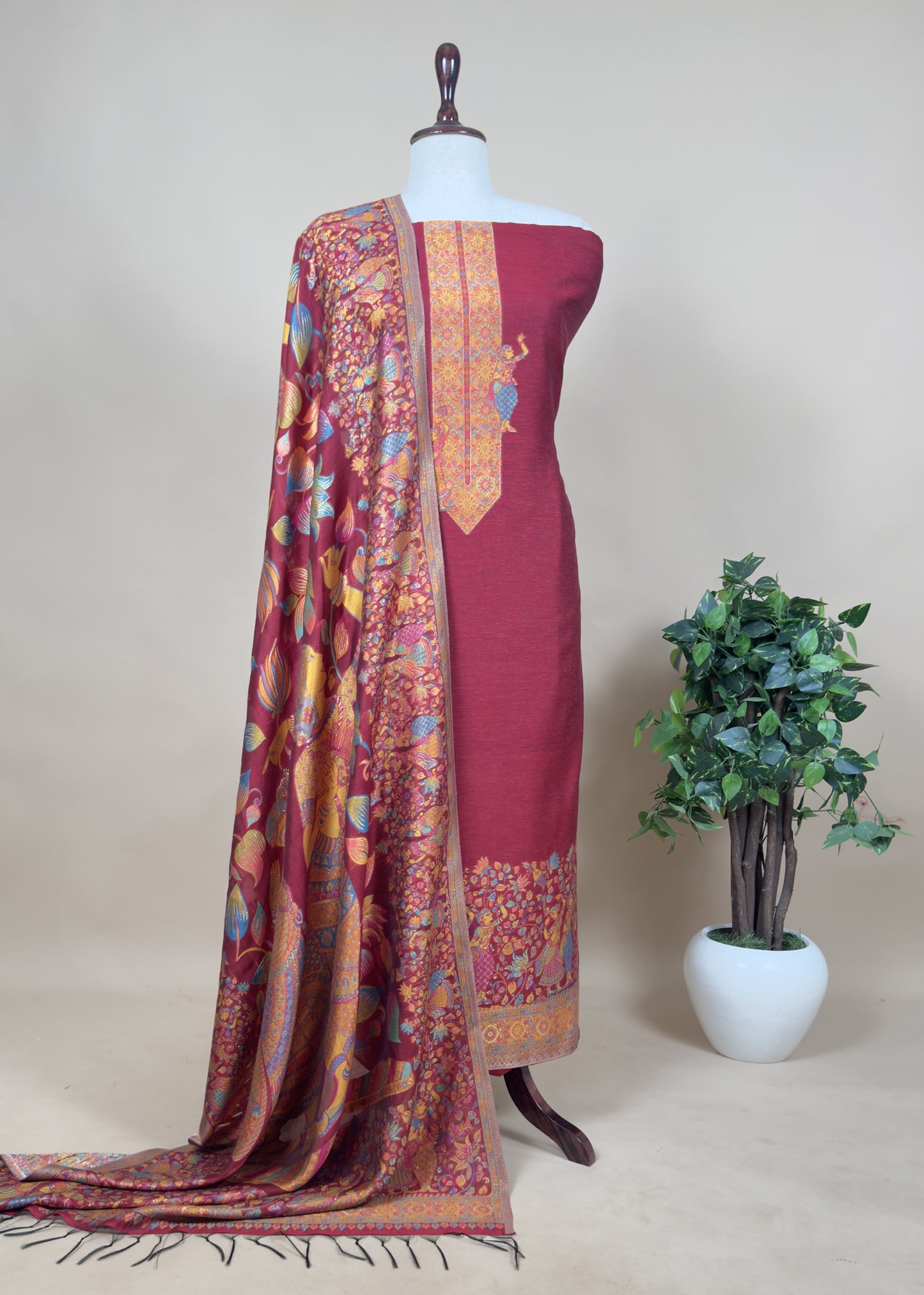 Blue Jamawar Silk Suit With Dupatta