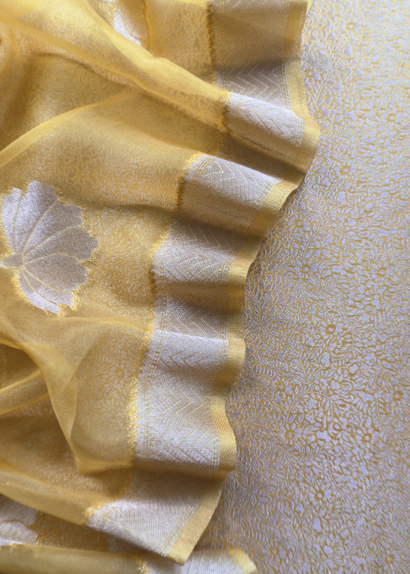 yellow Brocade Kurta With Organza Dupatta
