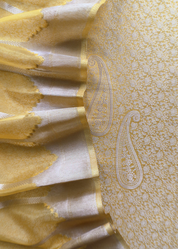 Yellow Brocade Kurta With Organza Dupatta