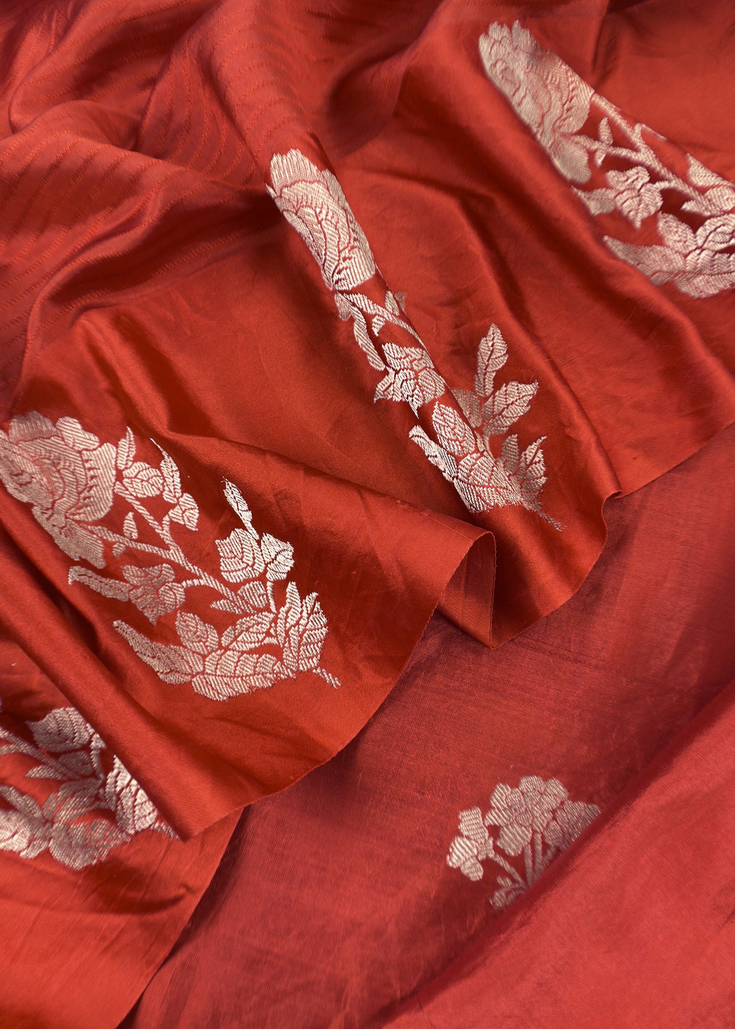 Rust Handwoven Unstitched Silk Suit With Zari Weaving