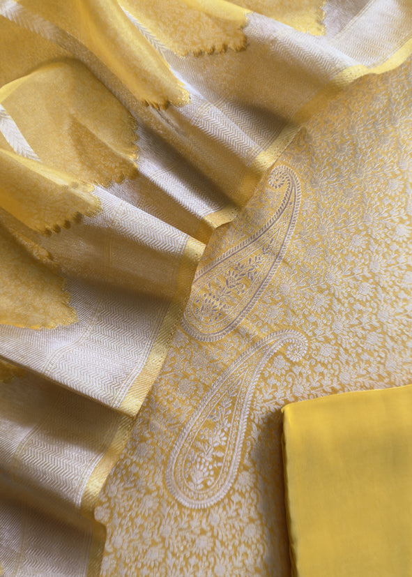 Yellow Brocade Kurta With Organza Dupatta