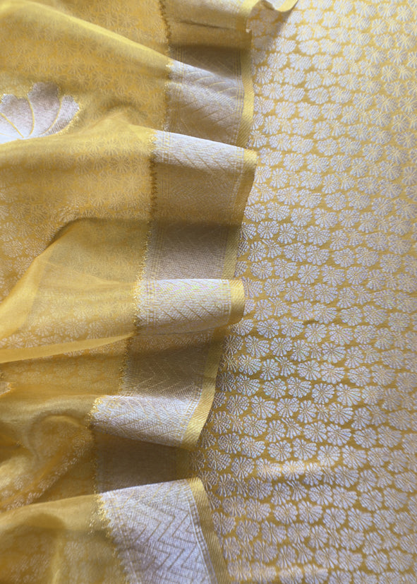 Yellow Banarasi Silk Brocade Suit With Organza Dupatta