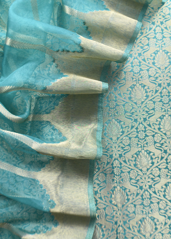 Sky Blue Brocade Kurta With Organza Dupatta
