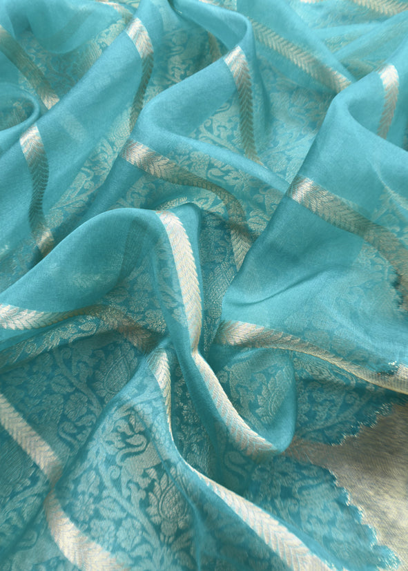 Firozi Banarasi Silk Brocade Suit With Organza Dupatta