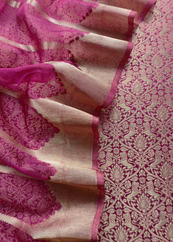 Pink Banarasi Silk Brocade Suit With Organza Dupatta