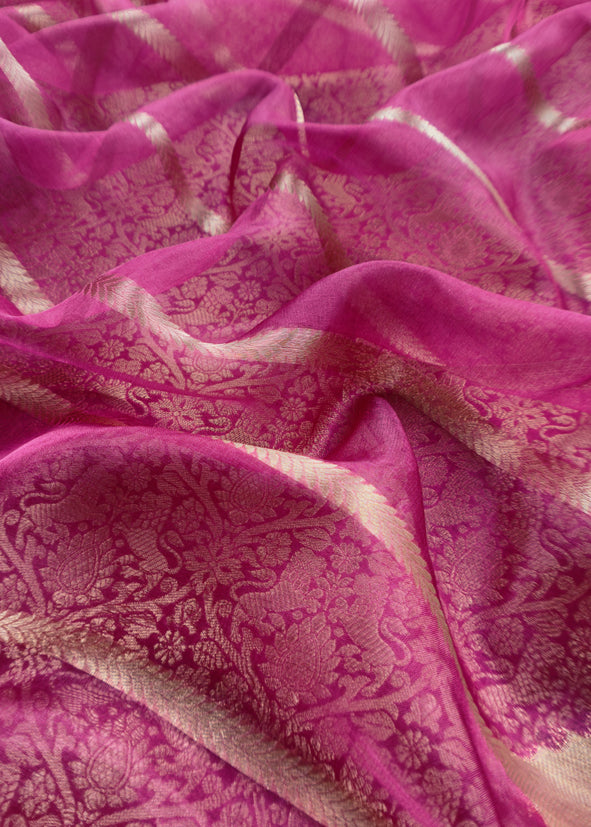 Pink Banarasi Silk Brocade Suit With Organza Dupatta