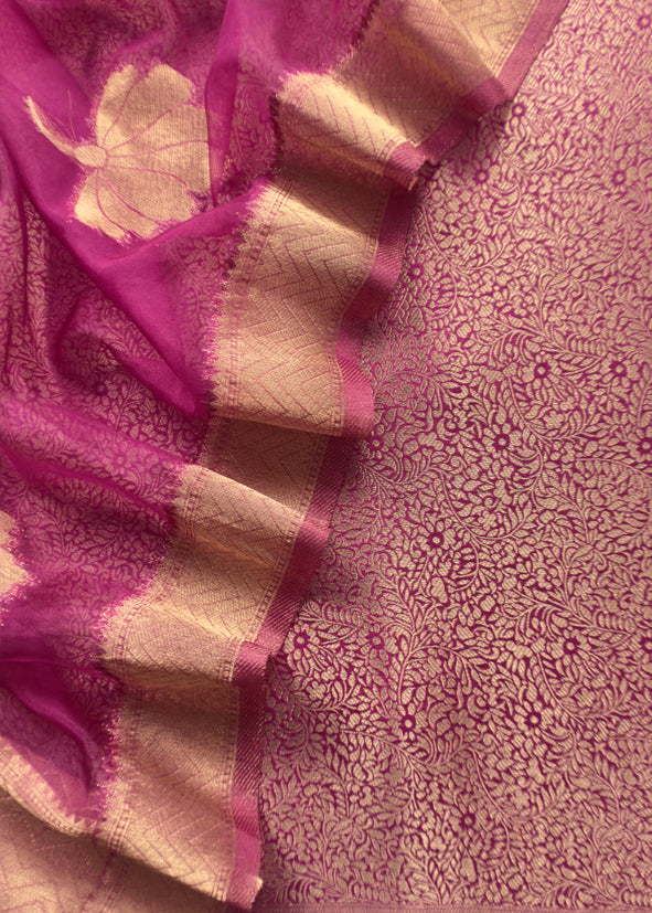 Magenta Brocade Kurta With Organza Dupatta