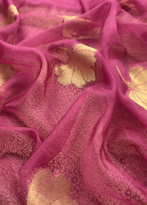 Magenta Brocade Kurta With Organza Dupatta