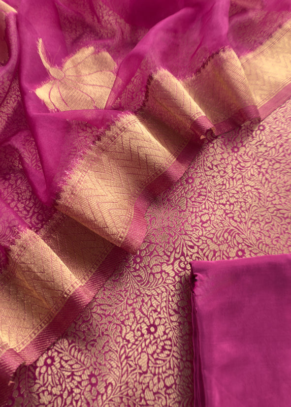 Magenta Brocade Kurta With Organza Dupatta