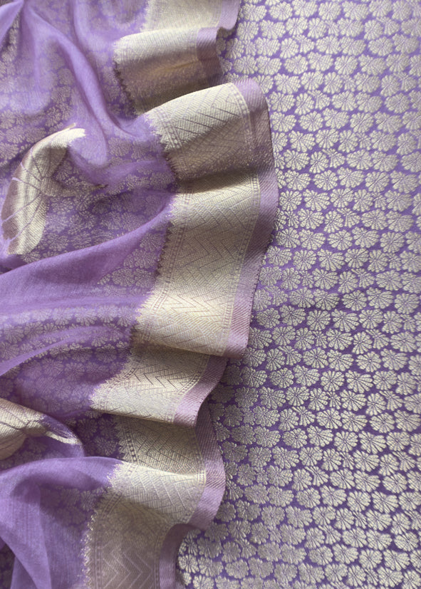 Purple Banarasi Silk Brocade Suit With Organza Dupatta