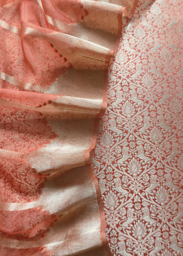 Orange Banarasi Silk Brocade Suit With Organza Dupatta