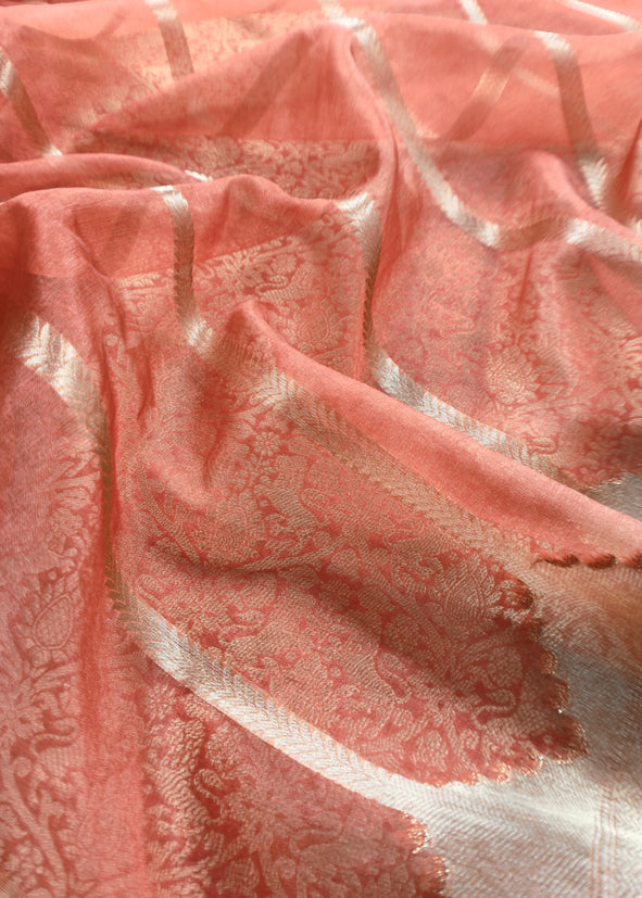 Orange Banarasi Silk Brocade Suit With Organza Dupatta