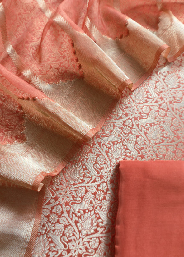 Orange Banarasi Silk Brocade Suit With Organza Dupatta