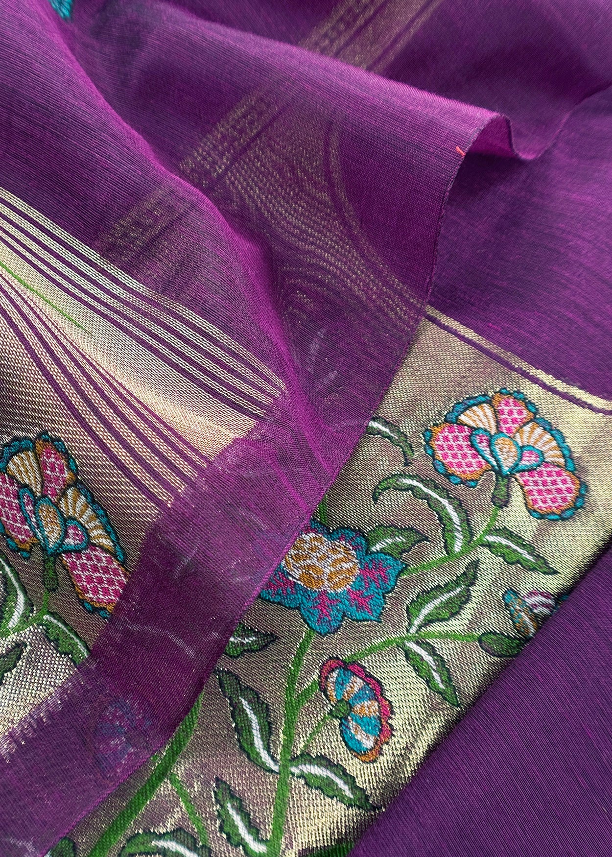 Violet Jamdani Woven Unstitched Suit With Paithani Work