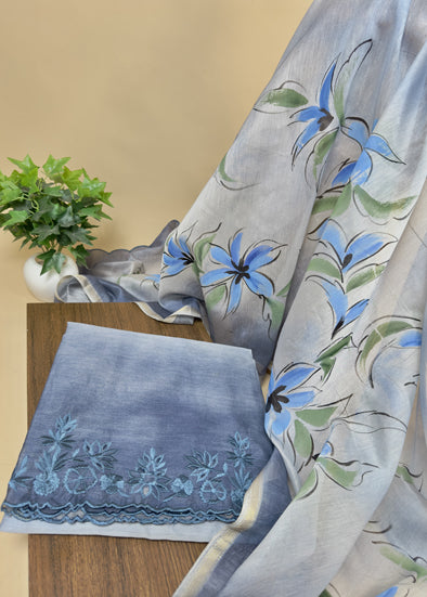 Hand-Printed Maheshwari Suit With Cut Work