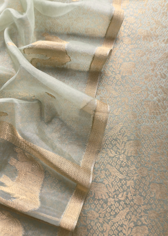 Sage Green Brocade Kurta With Organza Dupatta