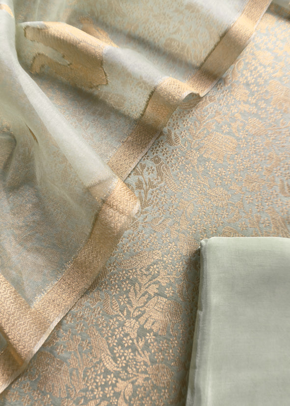 Sage Green Brocade Kurta With Organza Dupatta