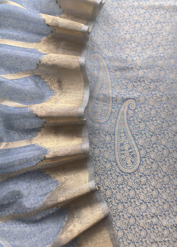 Sky Blue Brocade Kurta With Organza Dupatta