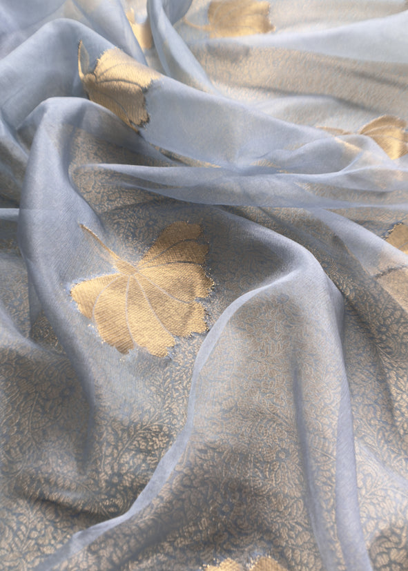 Greyish Blue Brocade Kurta With Organza Dupatta