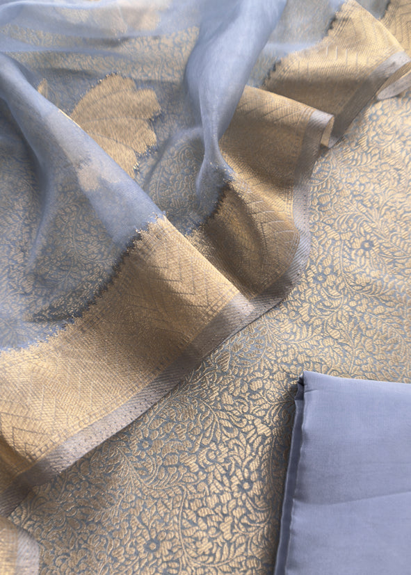 Greyish Blue Brocade Kurta With Organza Dupatta