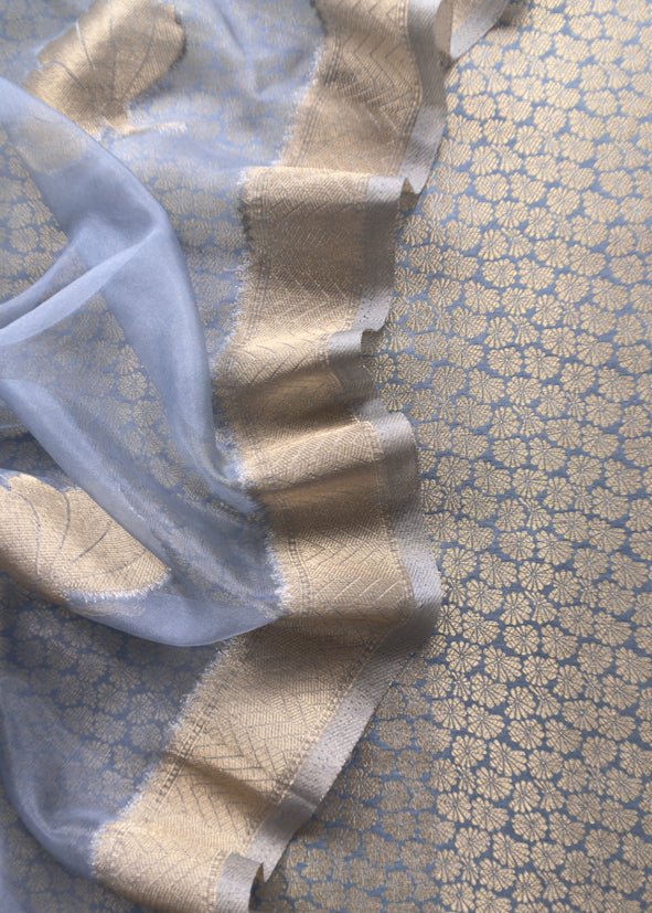Gray Brocade Kurta With Organza Dupatta
