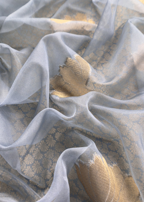 Gray Brocade Kurta With Organza Dupatta