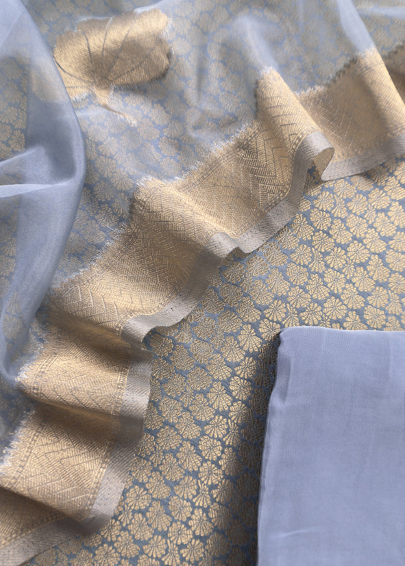 Gray Brocade Kurta With Organza Dupatta