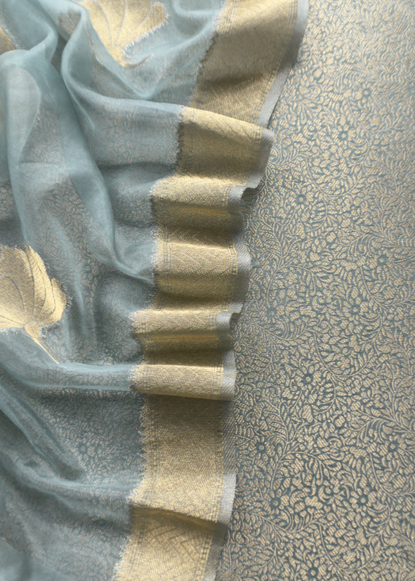 Blueish Grey Brocade Kurta With Organza Dupatta