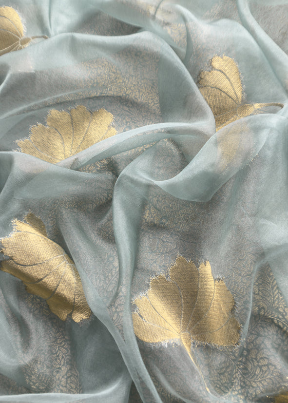 Blueish Grey Brocade Kurta With Organza Dupatta