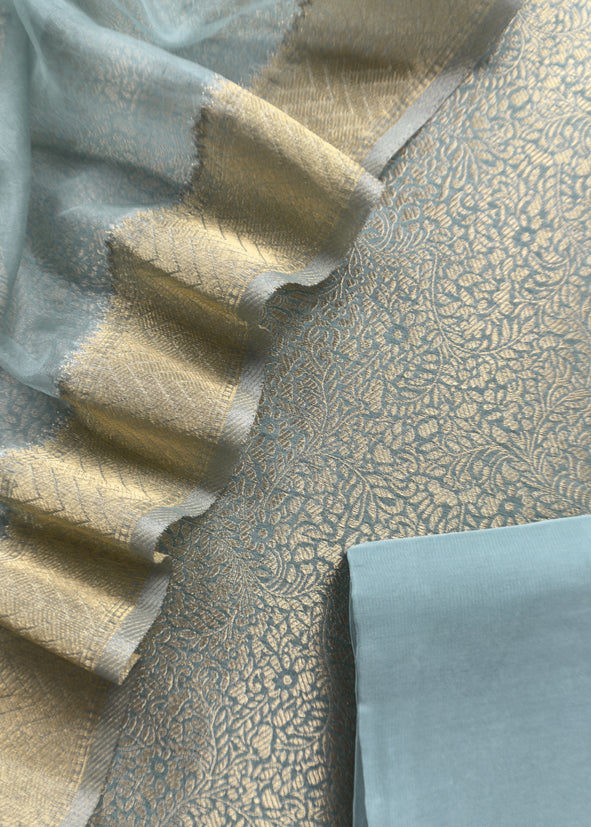 Blueish Grey Brocade Kurta With Organza Dupatta