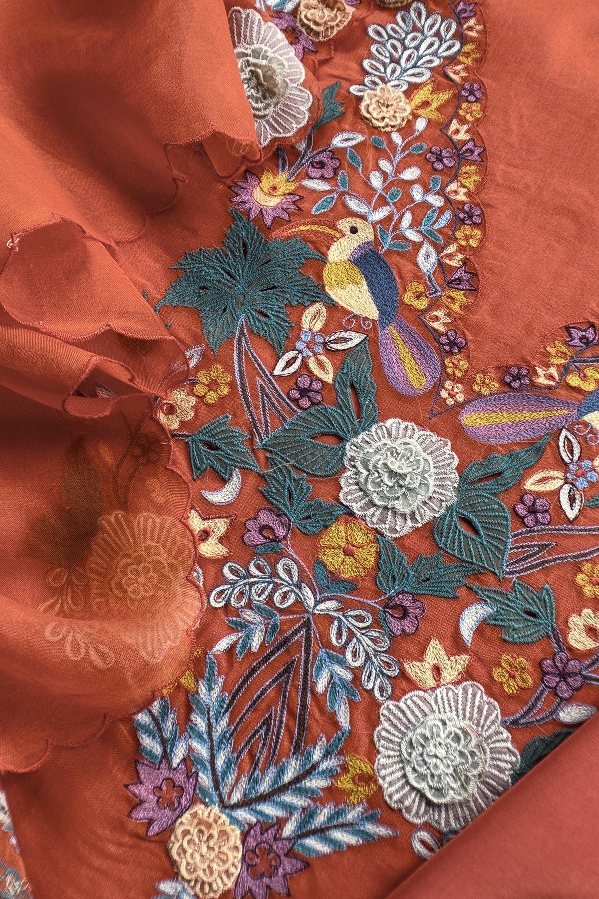 Garden Of Dreams Luxe Rust Orange Handloom Kora Silk Suit Fabric With Appliqué Work And French Thread Embroidery
