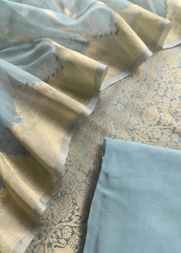 Blue Banarasi Silk Brocade Suit With Organza Dupatta