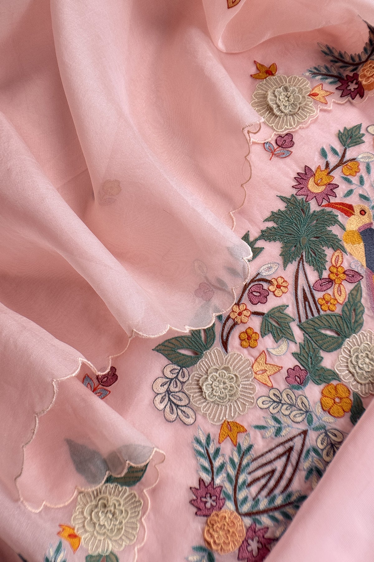 Garden Of Dreams Luxe Baby Pink Handloom Kora Silk Suit Fabric With Appliqué Work And French Thread Embroidery