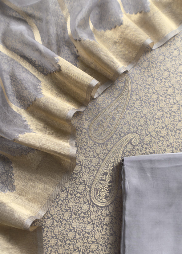 Gray Brocade Kurta With Organza Dupatta