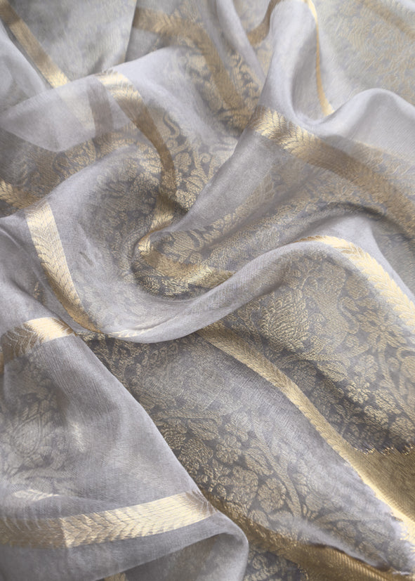 Chikoo Banarasi Silk Brocade Suit With Organza Dupatta