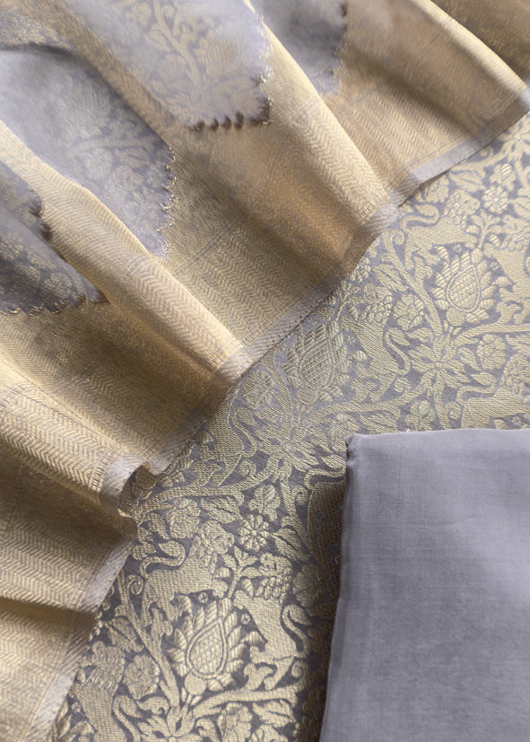 Chikoo Banarasi Silk Brocade Suit With Organza Dupatta