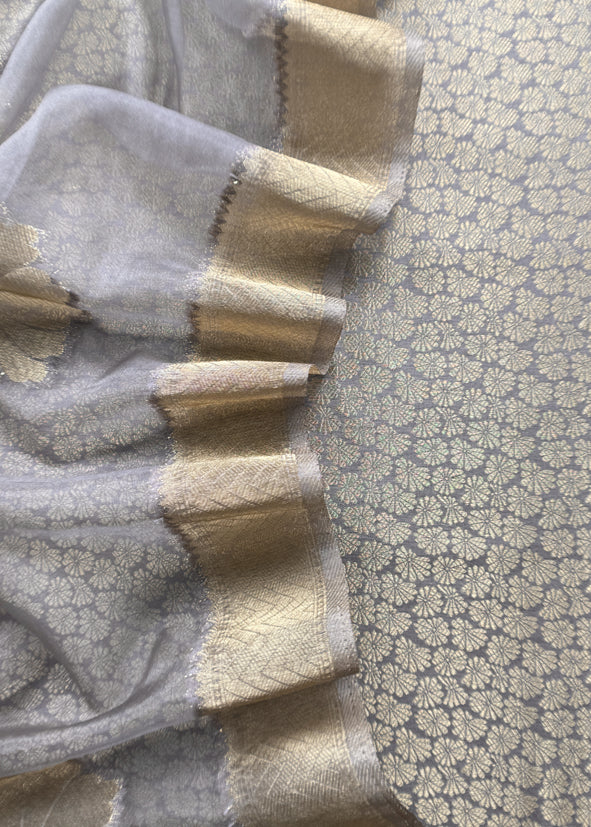 Gray Banarasi Silk Brocade Suit With Organza Dupatta