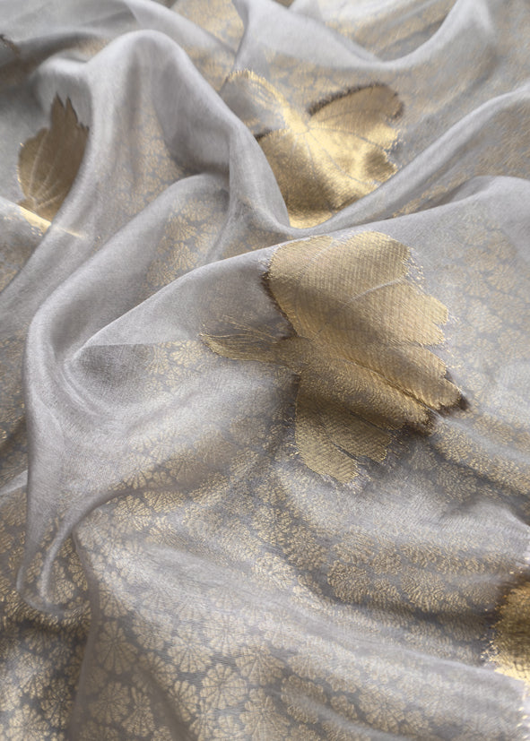 Gray Banarasi Silk Brocade Suit With Organza Dupatta