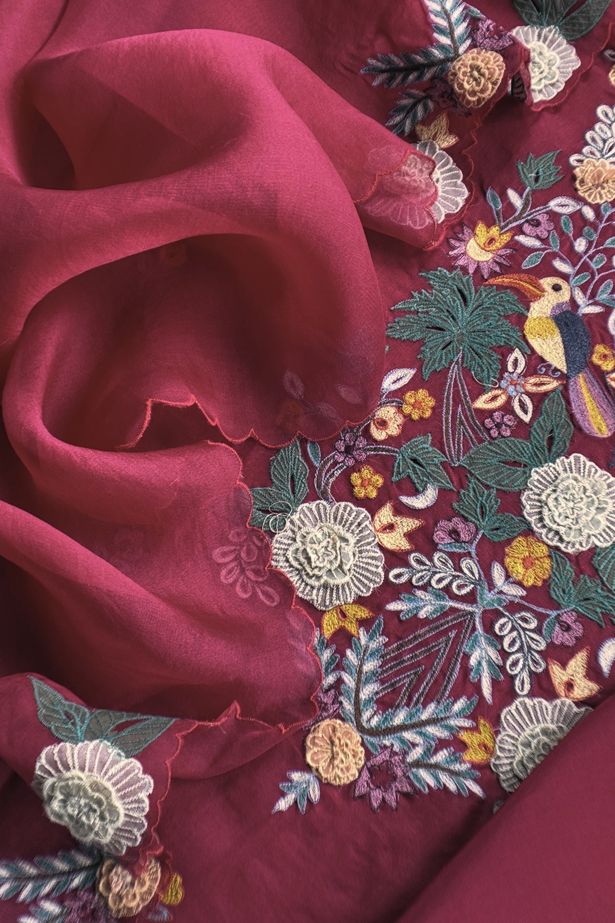 Garden Of Dreams Luxe Maroon Handloom Kora Silk Suit Fabric With Appliqué Work And French Thread Embroidery