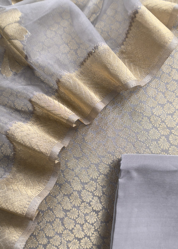 Gray Banarasi Silk Brocade Suit With Organza Dupatta