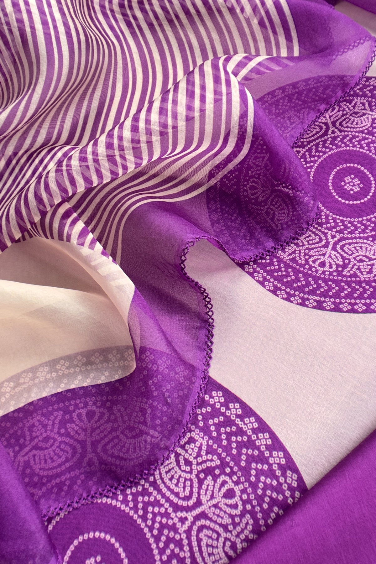 Purple Handloom Organza Silk Suit with Bandhani Print