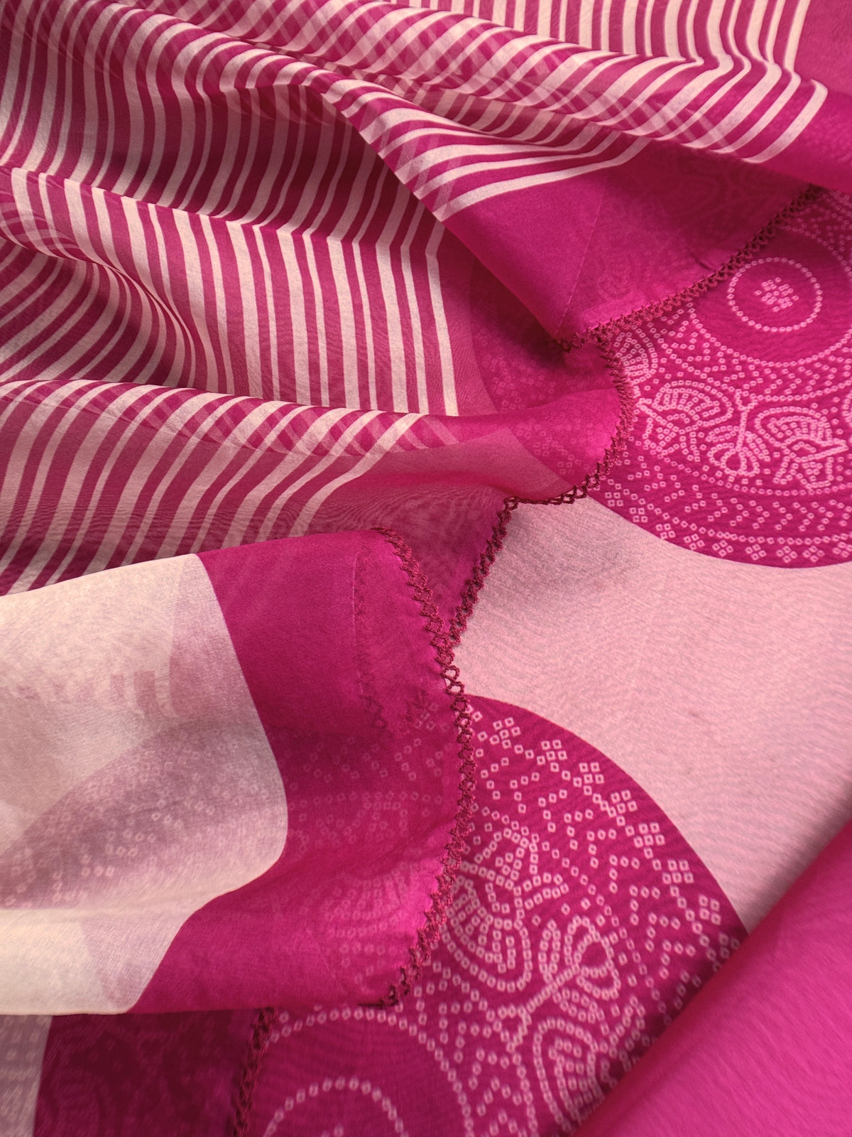 Pink Handloom Organza Silk Suit with Bandhani Print