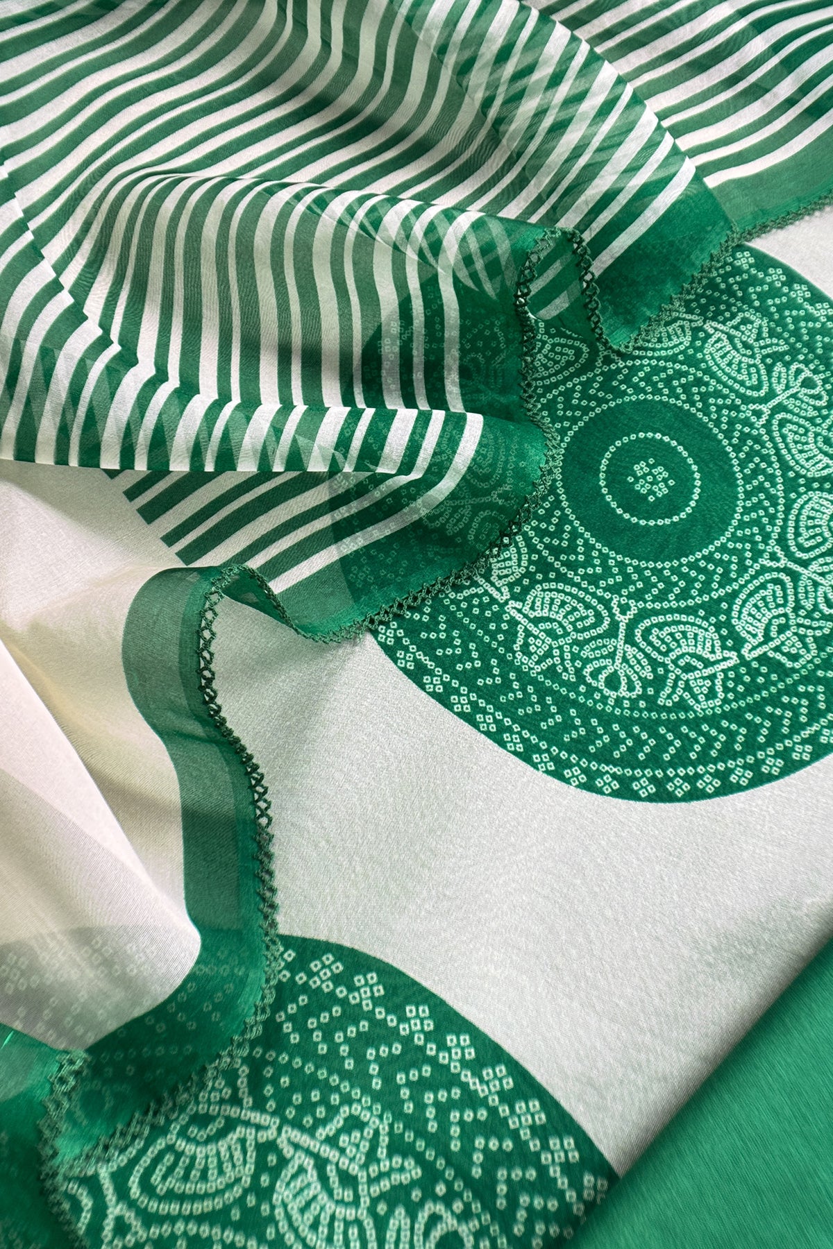 Green Handloom Organza Silk Suit with Bandhani Print