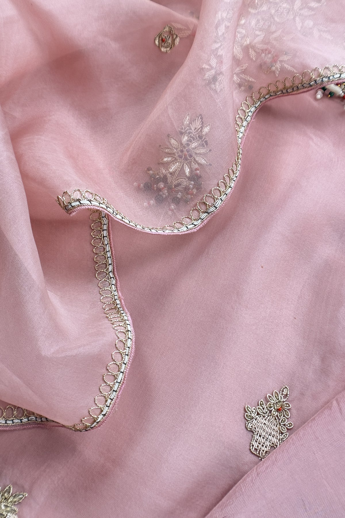 Pink Champagne Handloom Kora silk Unstitched Suit with Dori and Gota Patti hand work